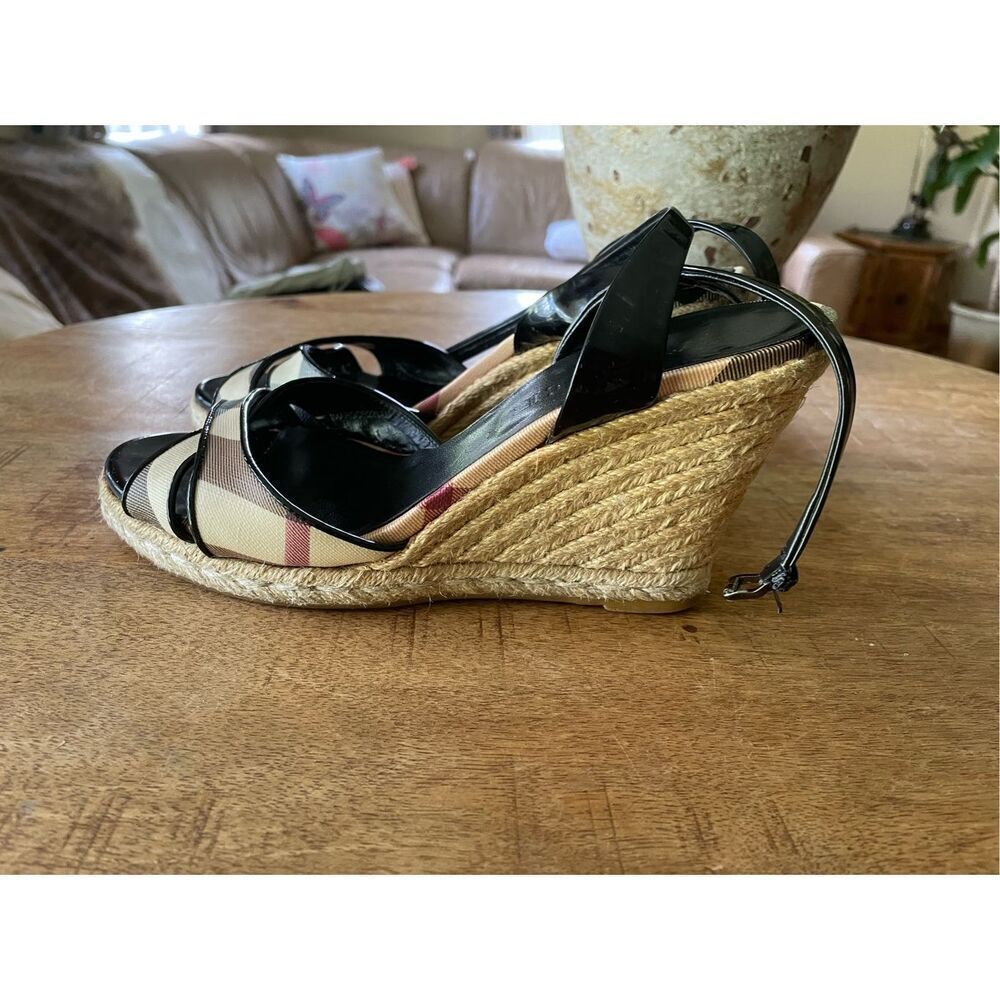 Burberry Black and Tan Wedge Sandals